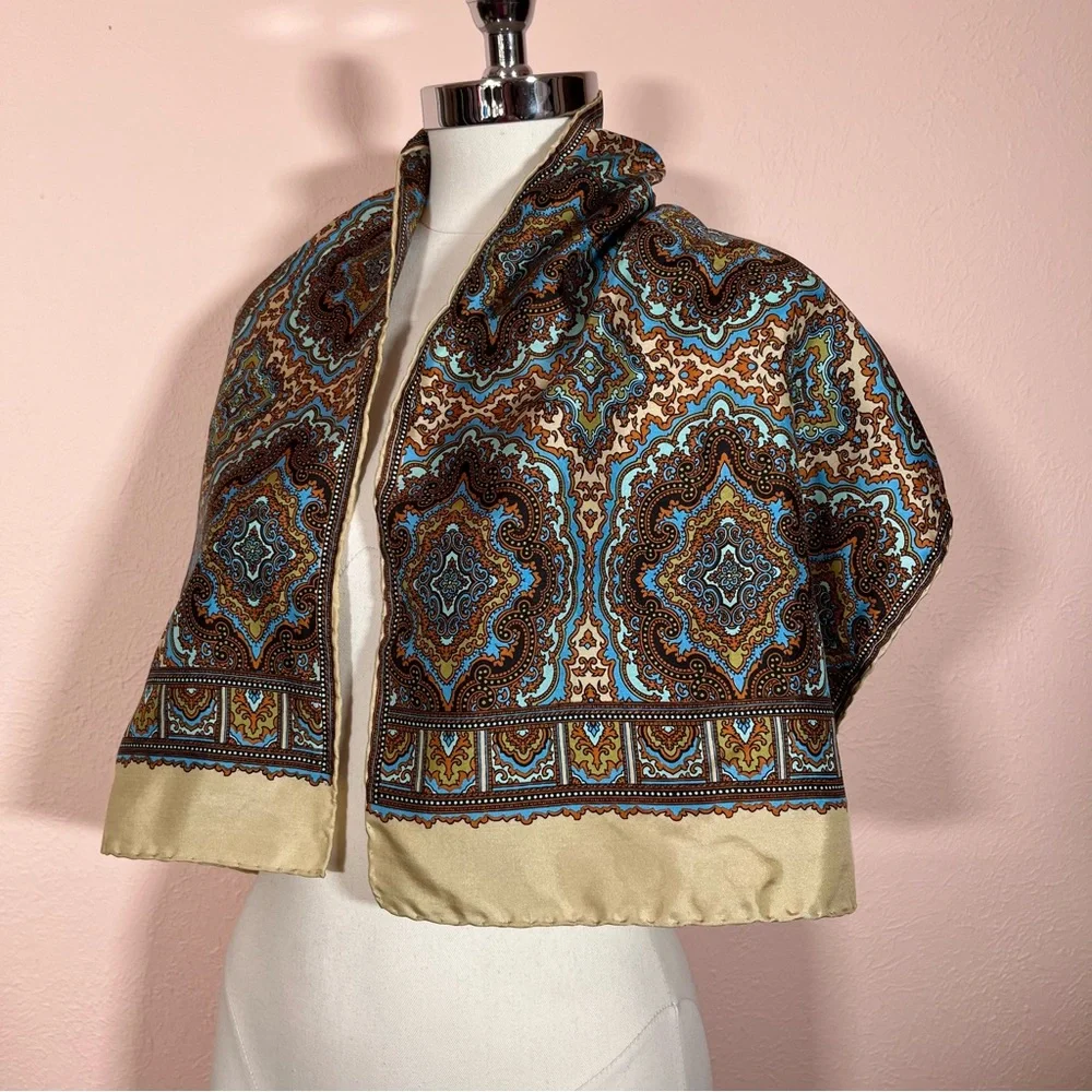 Vintage 1960 70 Burmel Mod Camel Brown blue Silk Made in Italy long Skinny Scarf